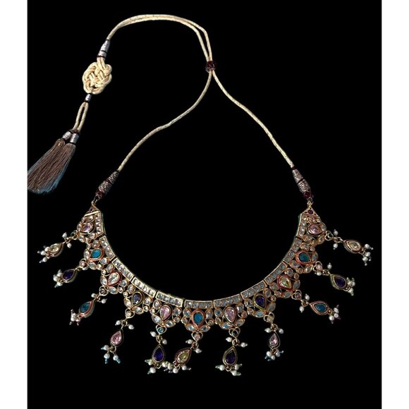 Gold tone Kundan style Indian Necklace With Multicolor faux Gemstones & Pearls T - Picture 1 of 9